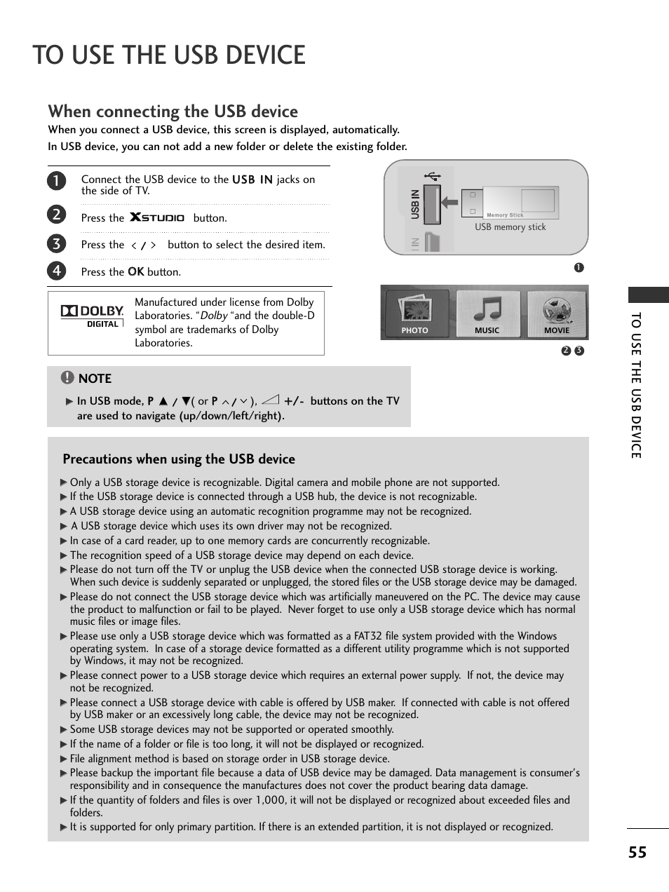 When connecting the usb device, Precautions when using the usb device | LG 326*** User Manual | Page 57 / 116