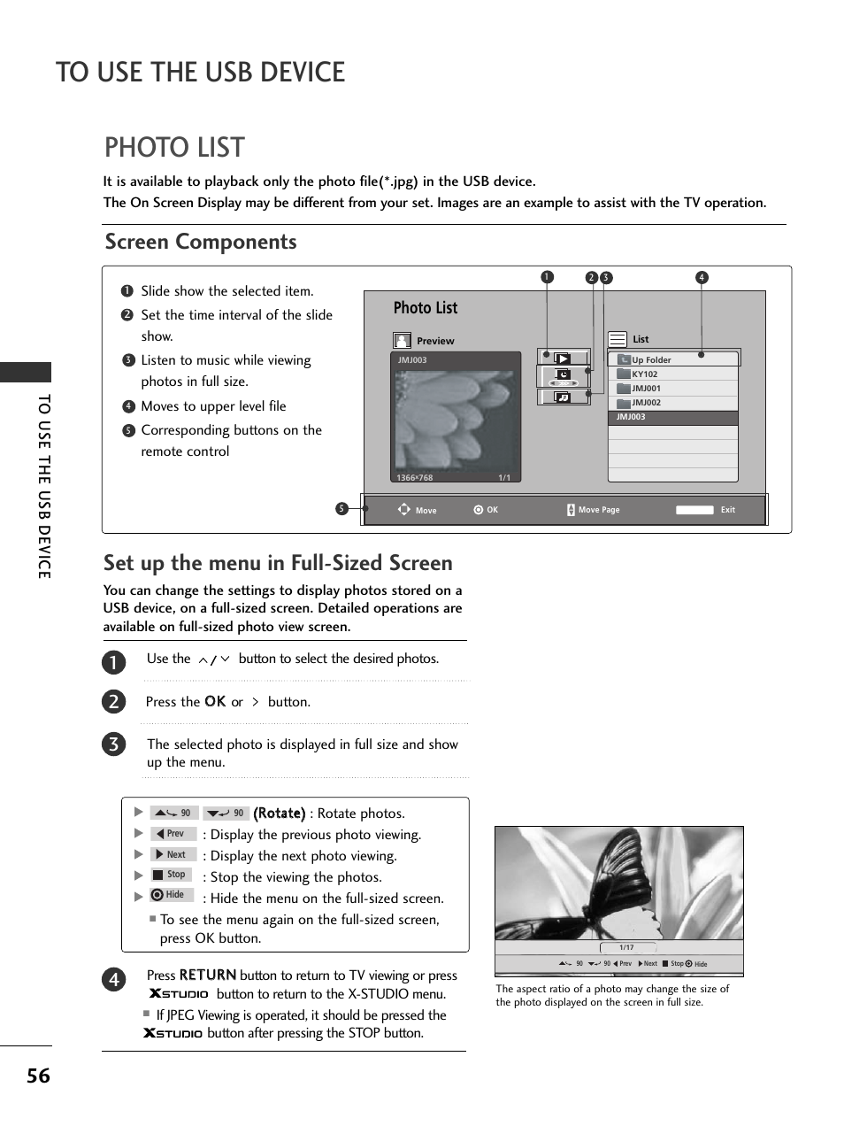 Photo list, Screen components, Set up the menu in full-sized screen | LG 326*** User Manual | Page 58 / 116