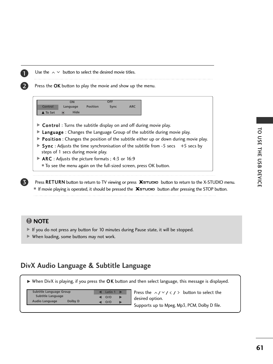 Divx audio language & subtitle language | LG 326*** User Manual | Page 63 / 116