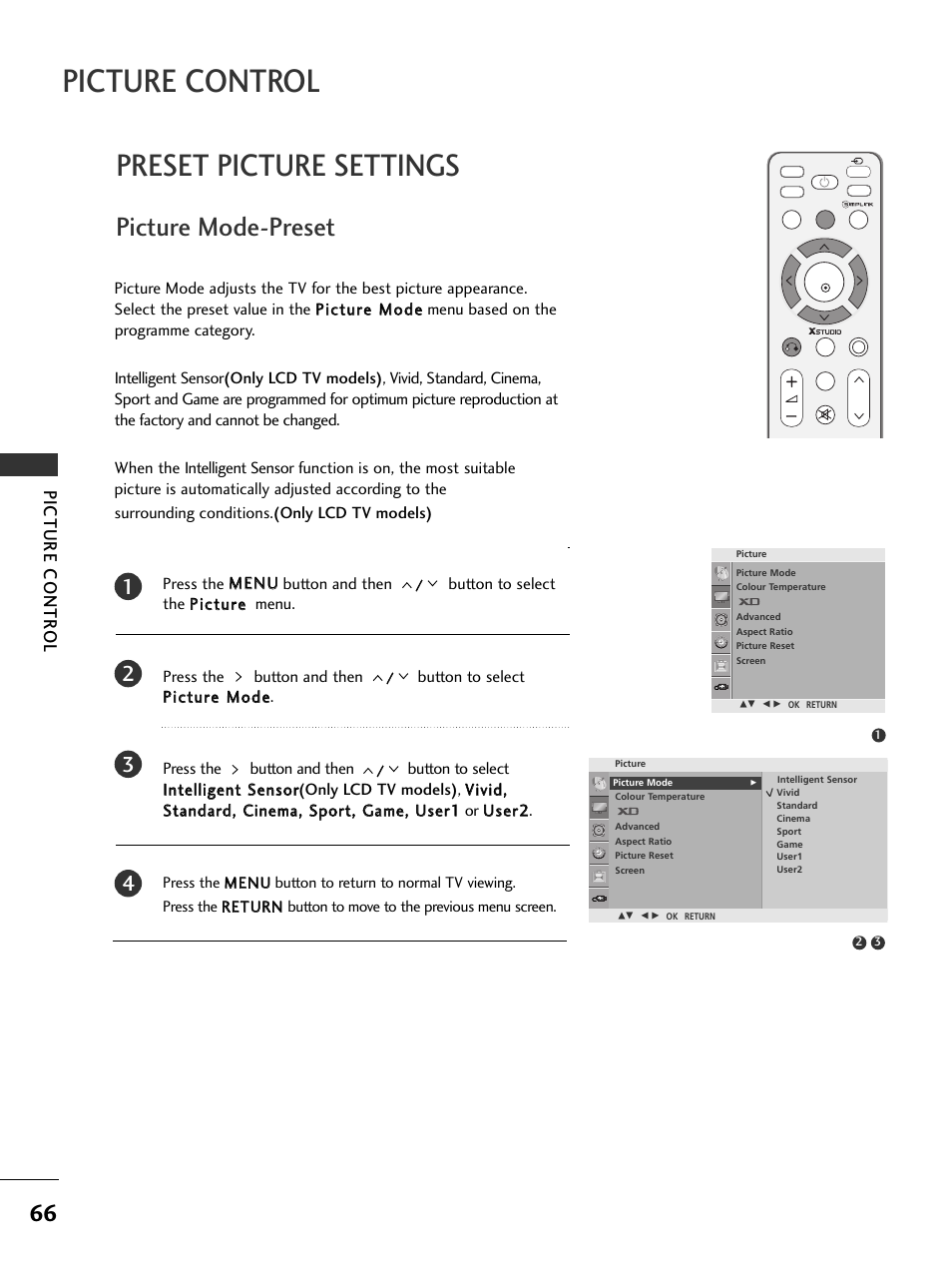 Picture control, Preset picture settings, Picture mode-preset | Picture contr ol | LG 326*** User Manual | Page 68 / 116