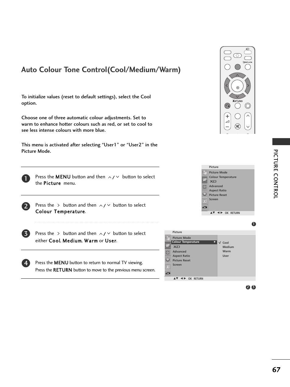 Auto colour tone control(cool/medium/warm), Picture contr ol | LG 326*** User Manual | Page 69 / 116