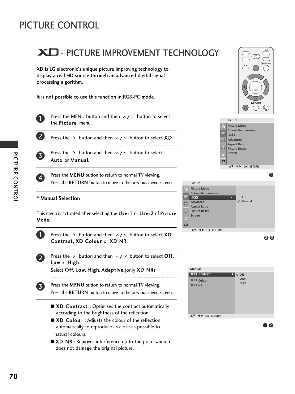 Picture control, Picture improvement technology, Picture contr ol | Manual selection | LG 326*** User Manual | Page 72 / 116