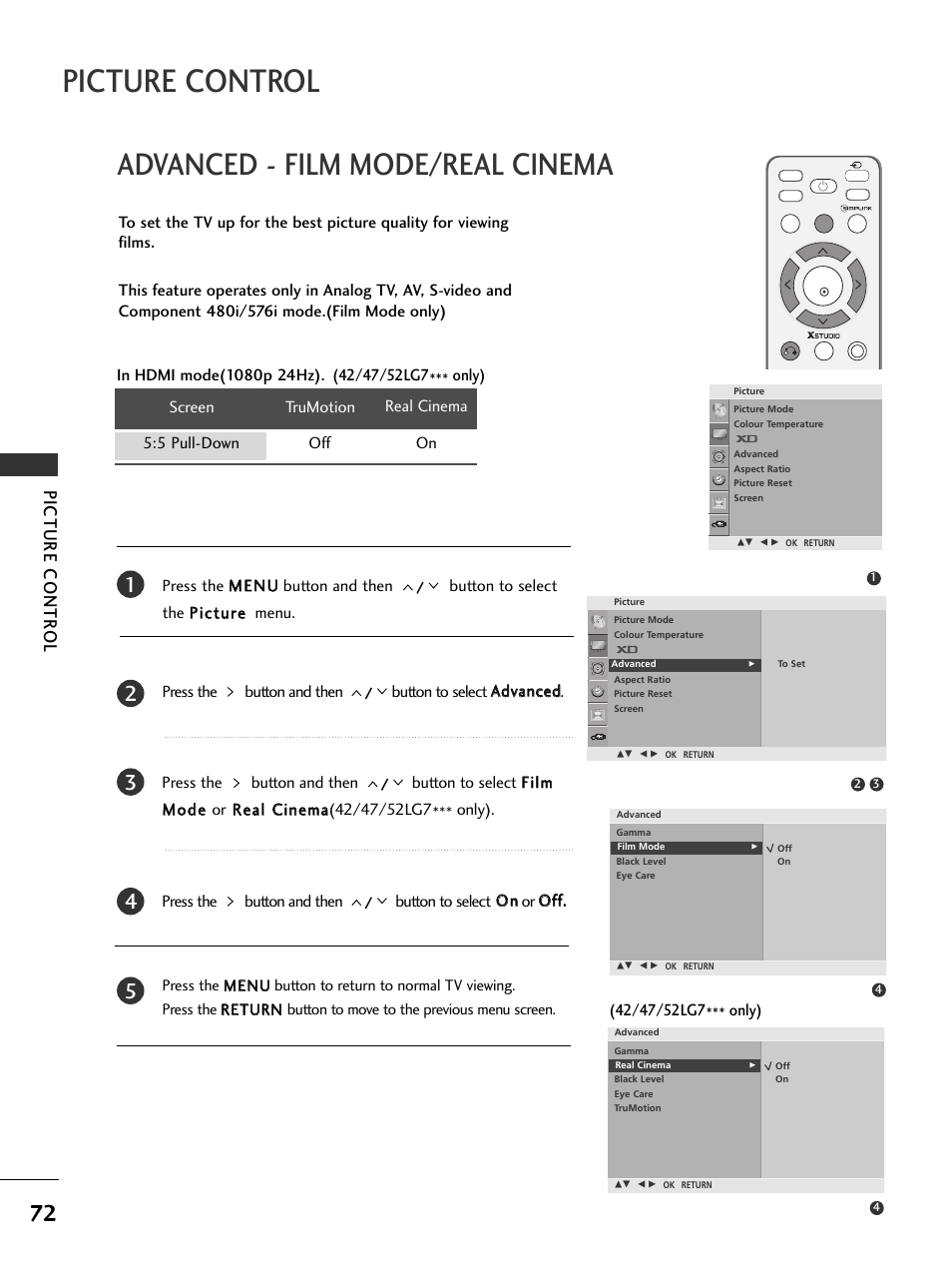 Picture control, Advanced - film mode/real cinema, Picture contr ol | LG 326*** User Manual | Page 74 / 116