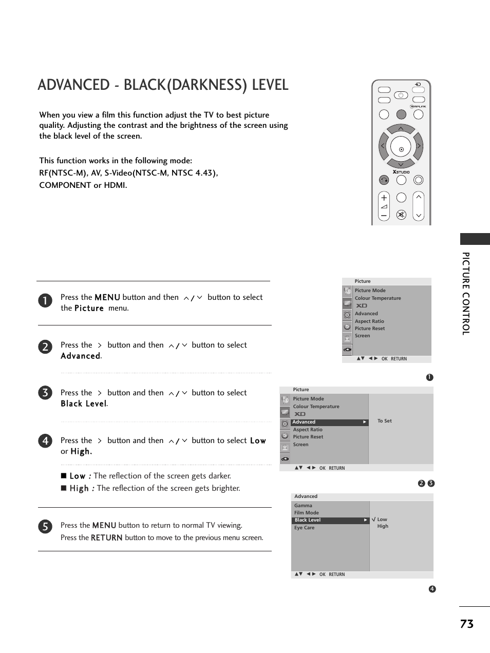 Advanced - black(darkness) level, Picture contr ol | LG 326*** User Manual | Page 75 / 116
