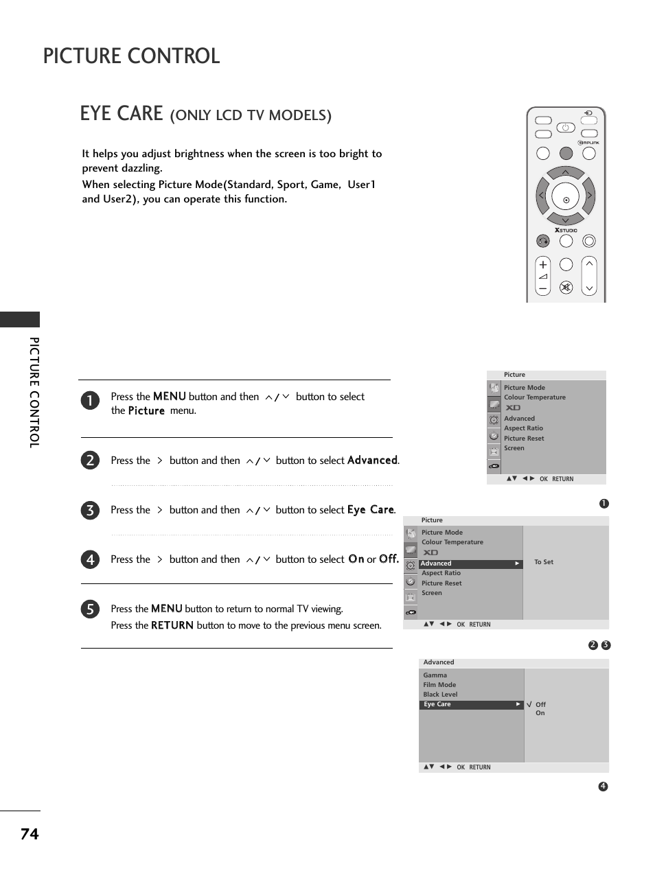 Picture control, Eye care, Only lcd tv models) | Picture contr ol | LG 326*** User Manual | Page 76 / 116