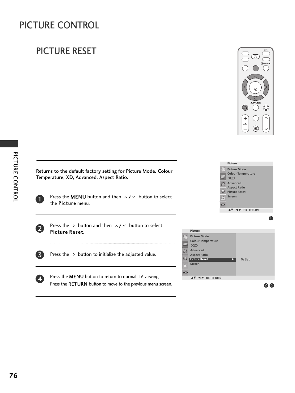 Picture control, Picture reset, Picture contr ol | LG 326*** User Manual | Page 78 / 116