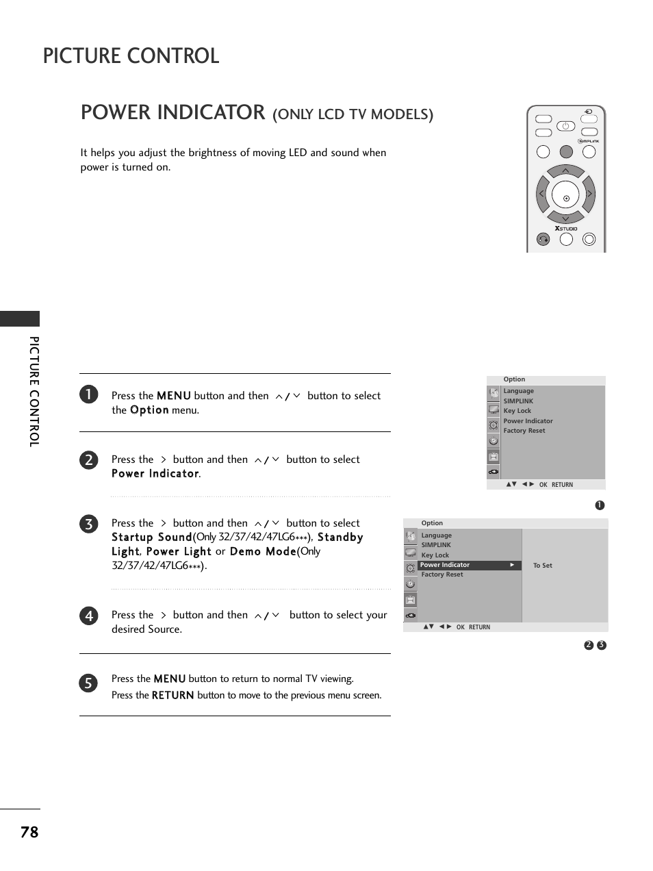 Picture control, Power indicator, Only lcd tv models) | Picture contr ol | LG 326*** User Manual | Page 80 / 116
