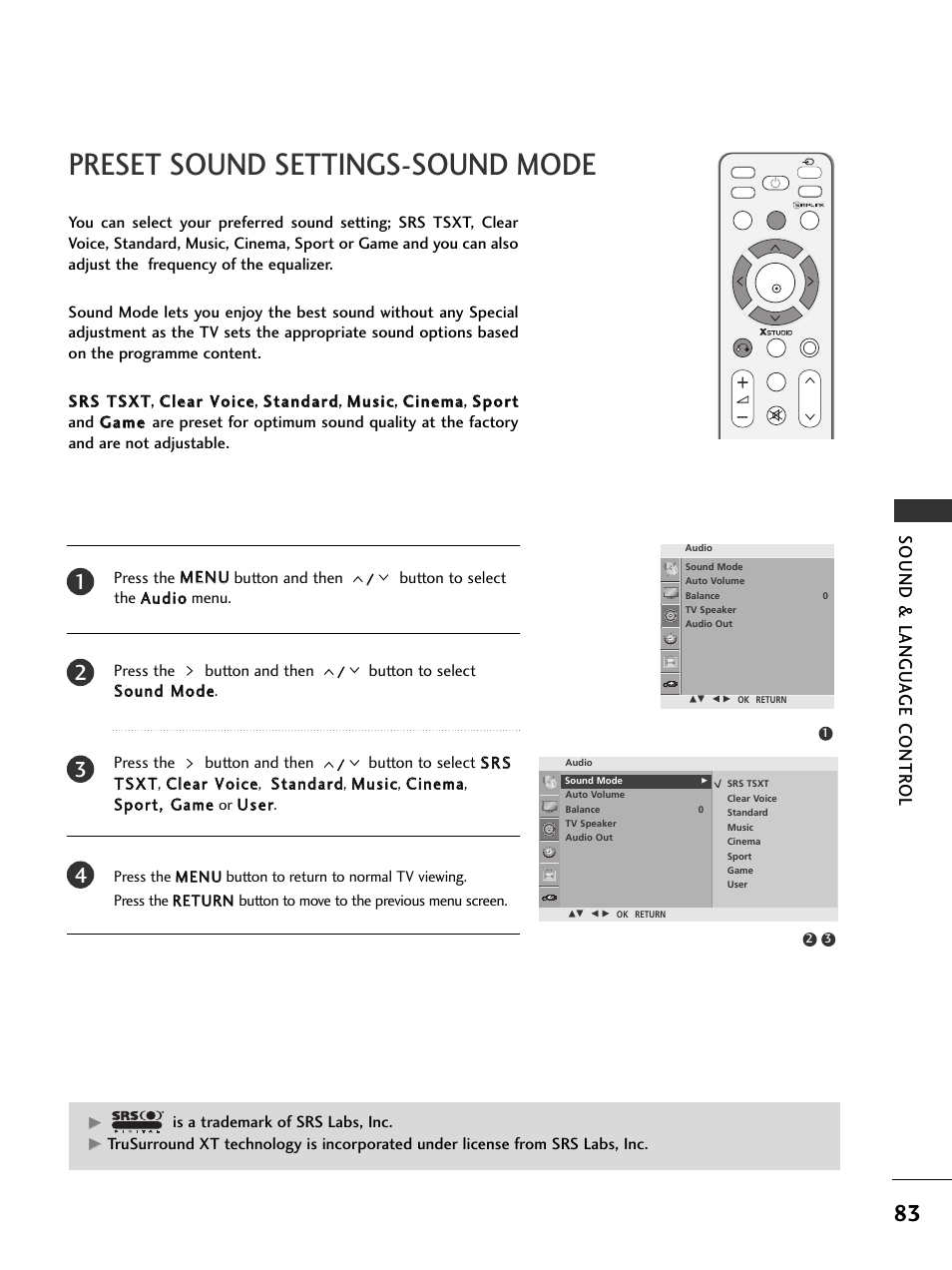 Preset sound settings-sound mode, Sound & langu a ge contr ol | LG 326*** User Manual | Page 85 / 116