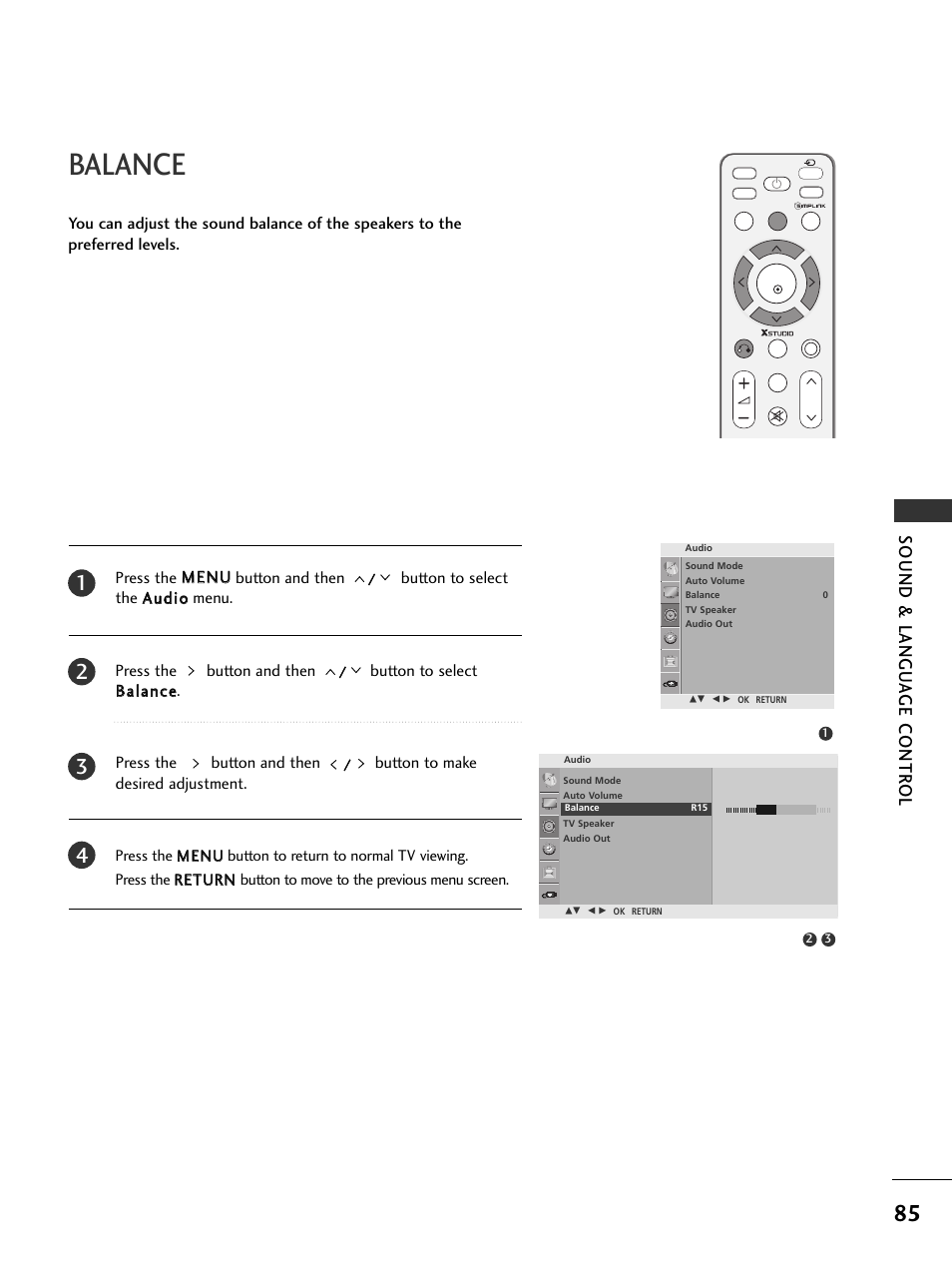 Balance, Sound & langu a ge contr ol | LG 326*** User Manual | Page 87 / 116