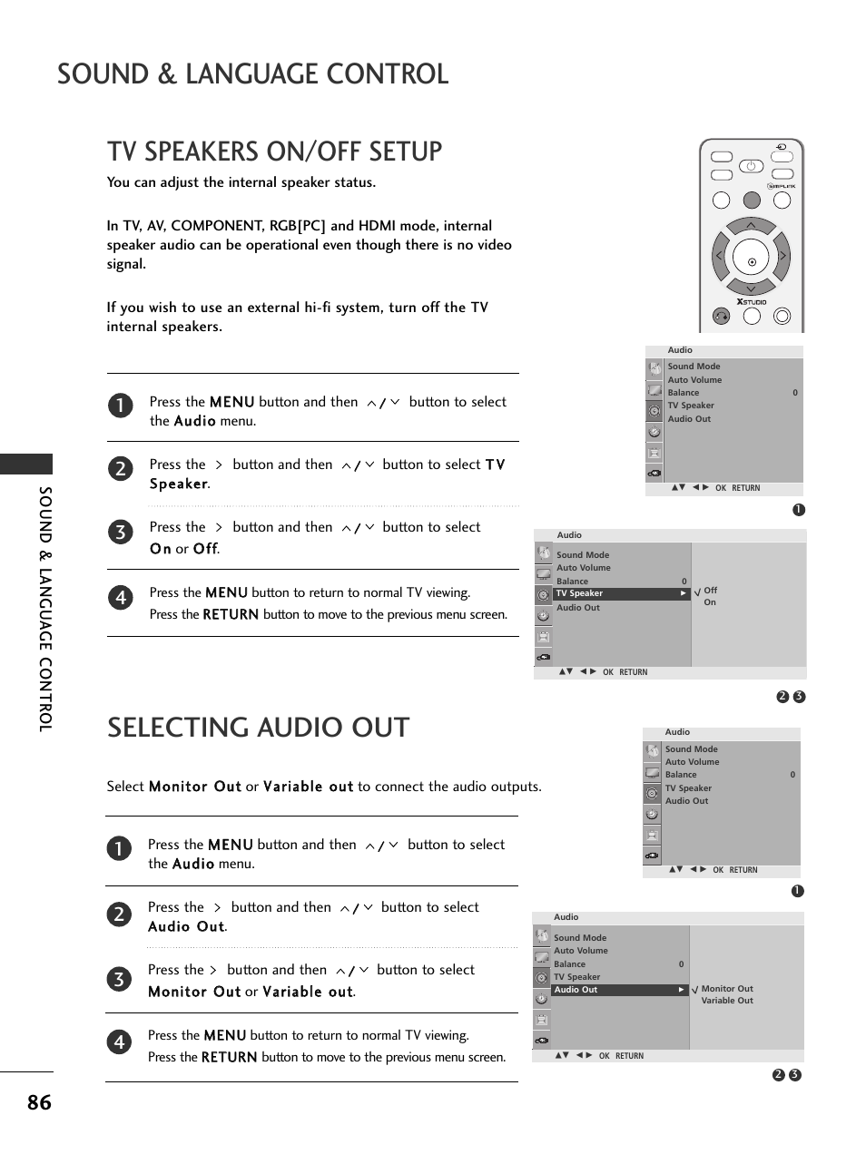 Sound & language control, Selecting audio out, Tv speakers on/off setup | Sound & langu a ge contr ol | LG 326*** User Manual | Page 88 / 116