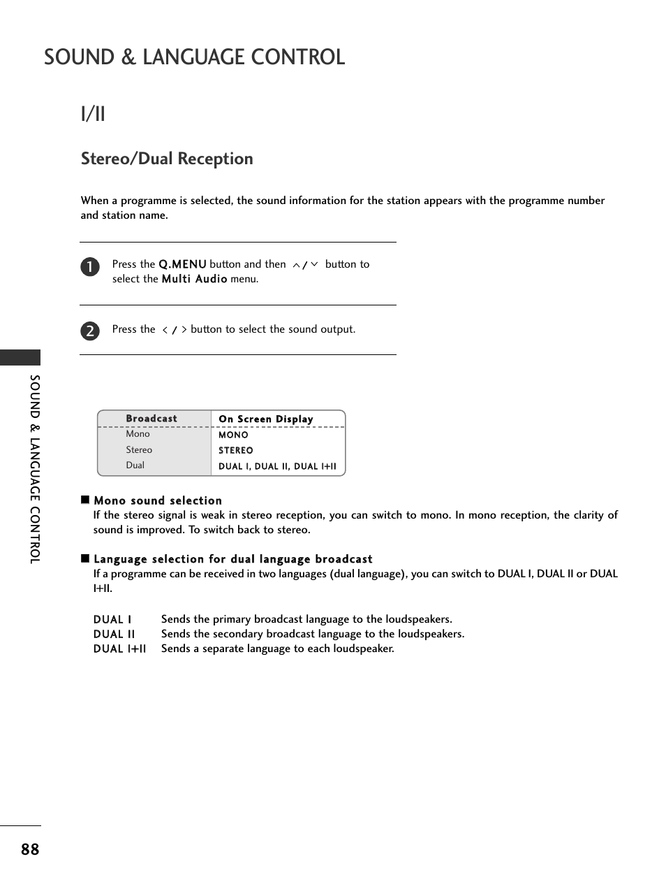 Sound & language control, I/ii, Stereo/dual reception | Sound & langu a ge contr ol | LG 326*** User Manual | Page 90 / 116