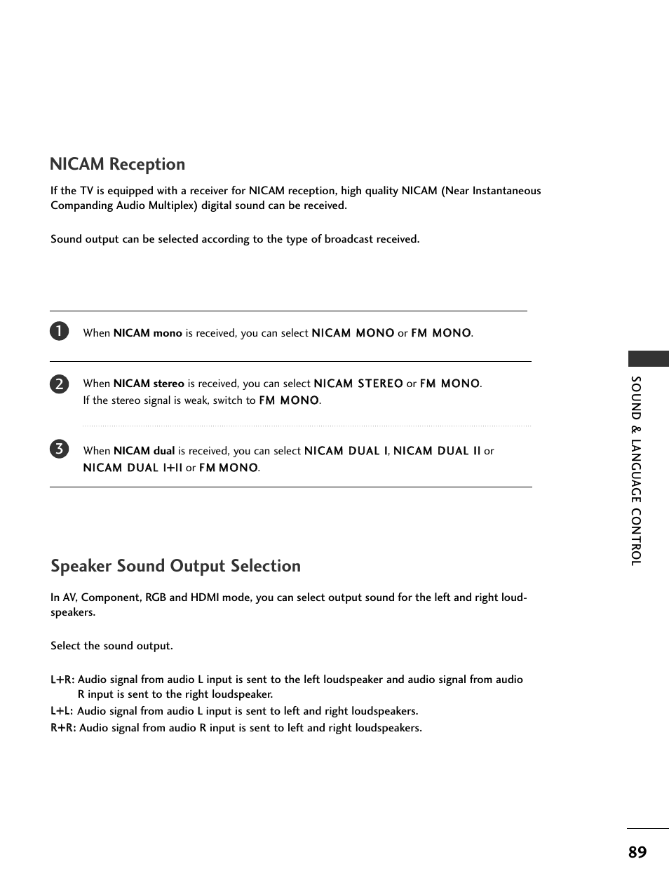 Nicam reception, Speaker sound output selection | LG 326*** User Manual | Page 91 / 116