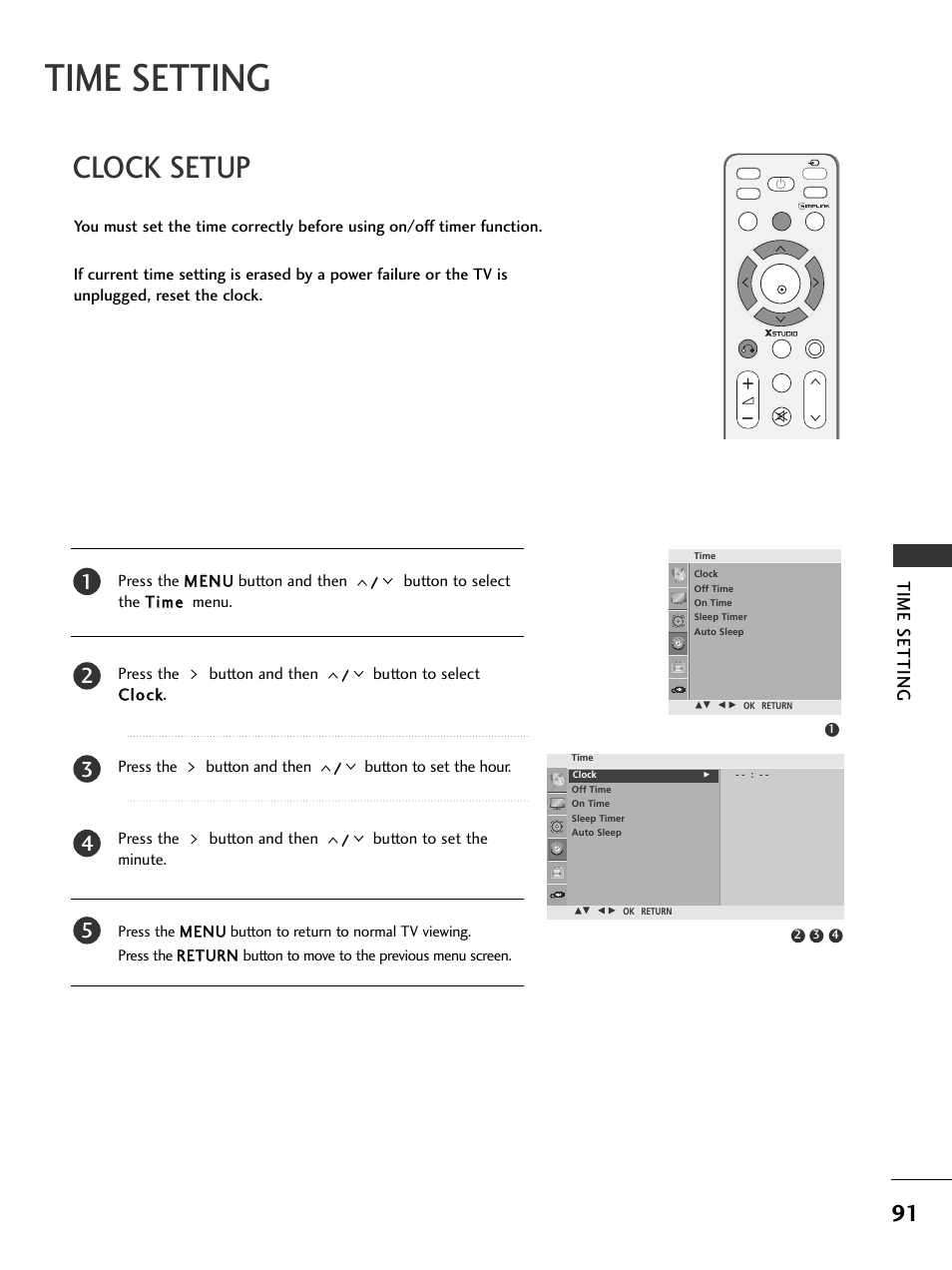 Clock setup, Time setting | LG 326*** User Manual | Page 93 / 116