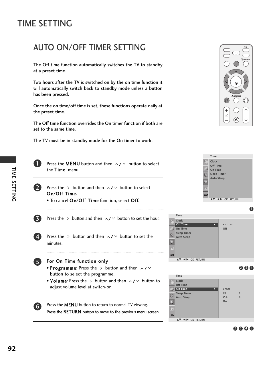 Auto on/off timer setting, Time setting | LG 326*** User Manual | Page 94 / 116