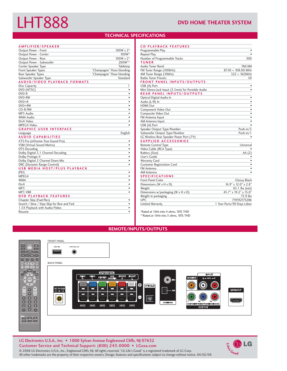 Lht888, Dvd home theater system, Technical specifications | Remote/inputs/outputs | LG LHT888 User Manual | Page 2 / 2