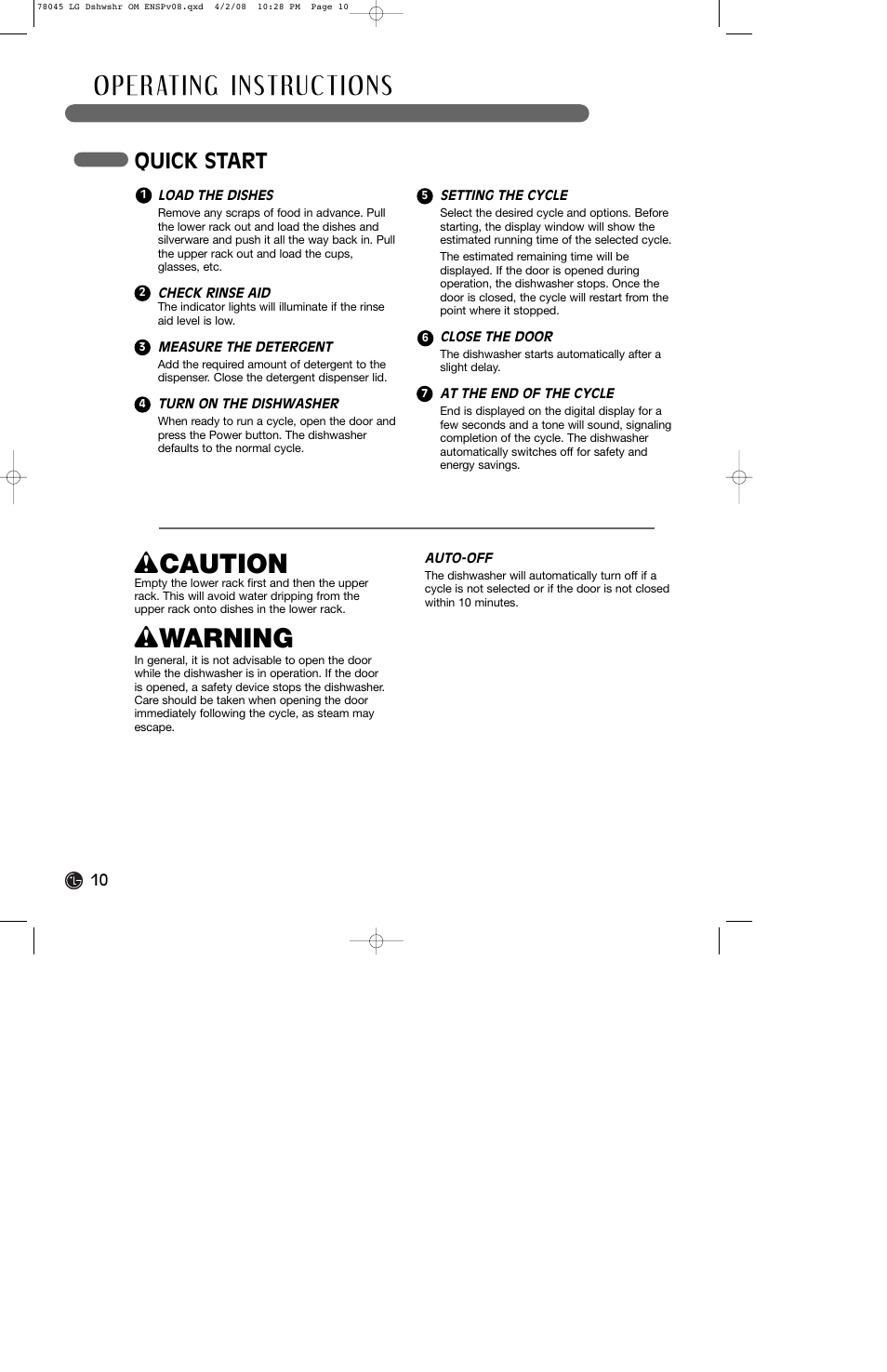 W caution, W warning, Quick start | LG LDF6920ST User Manual | Page 10 / 48