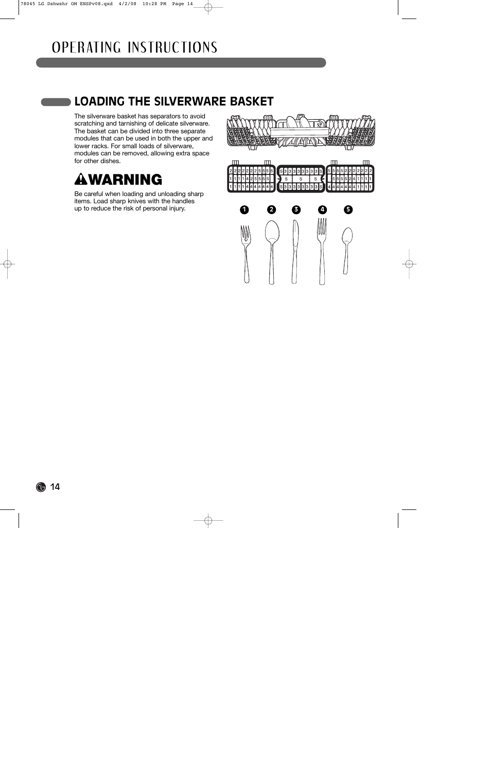 W warning, Loading the silverware basket | LG LDF6920ST User Manual | Page 14 / 48