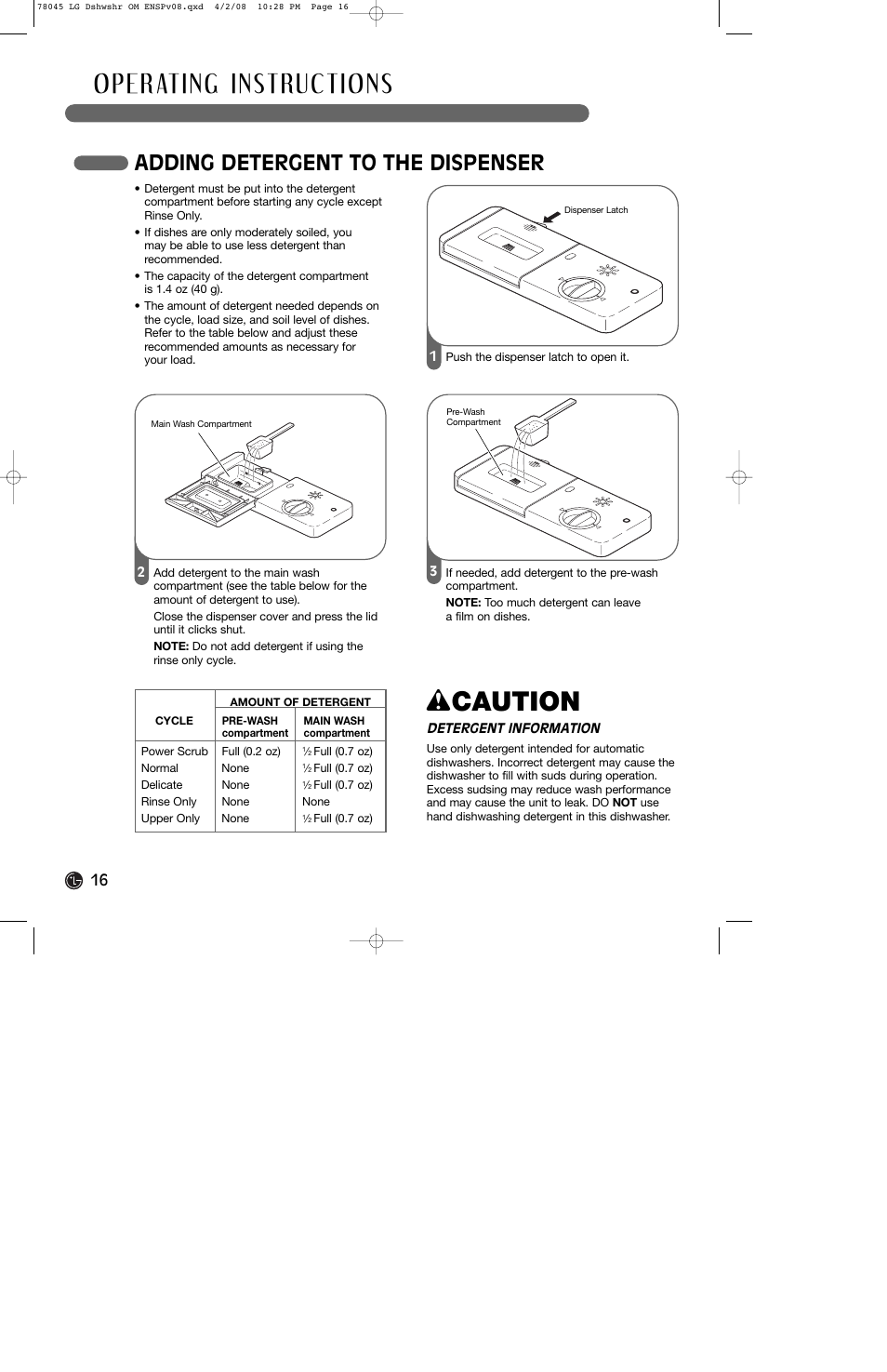W caution, Adding detergent to the dispenser | LG LDF6920ST User Manual | Page 16 / 48
