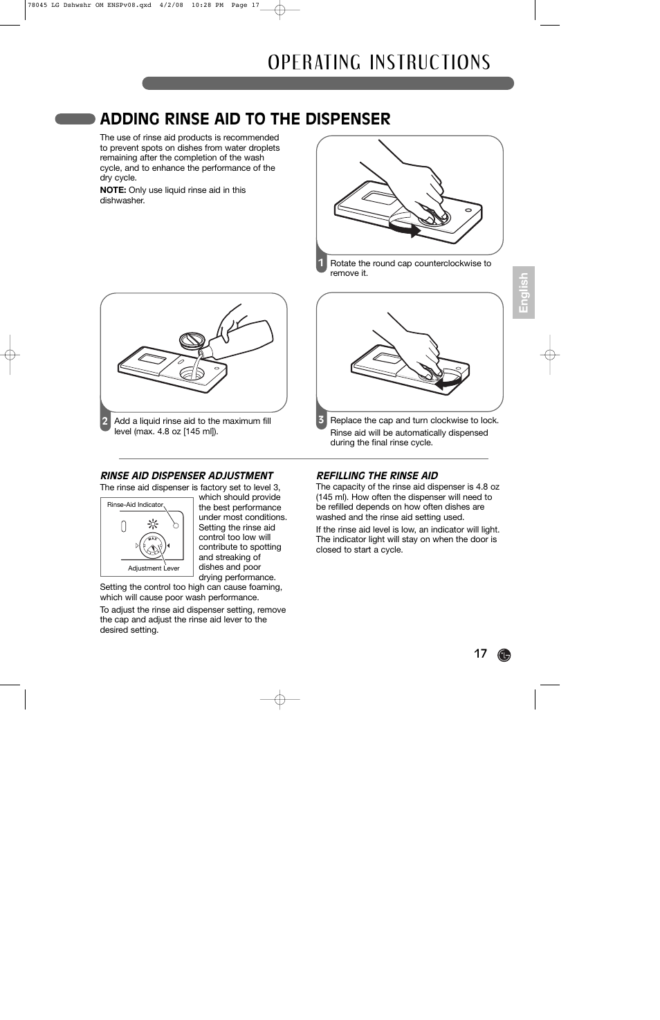 Adding rinse aid to the dispenser | LG LDF6920ST User Manual | Page 17 / 48