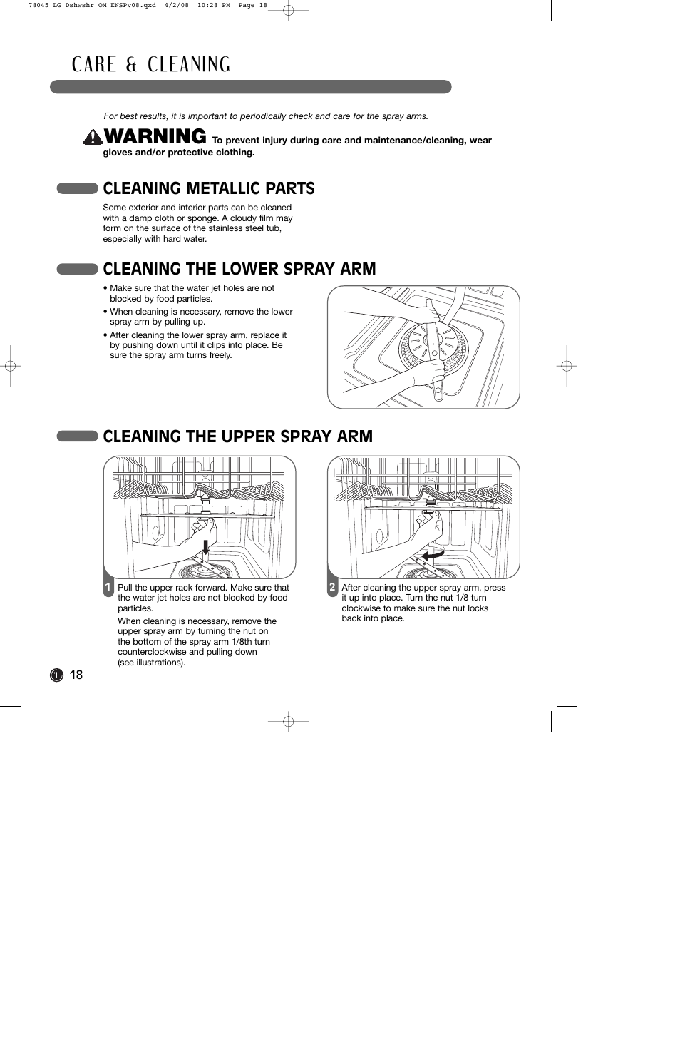 Warning, Cleaning metallic parts, Cleaning the lower spray arm | Cleaning the upper spray arm | LG LDF6920ST User Manual | Page 18 / 48