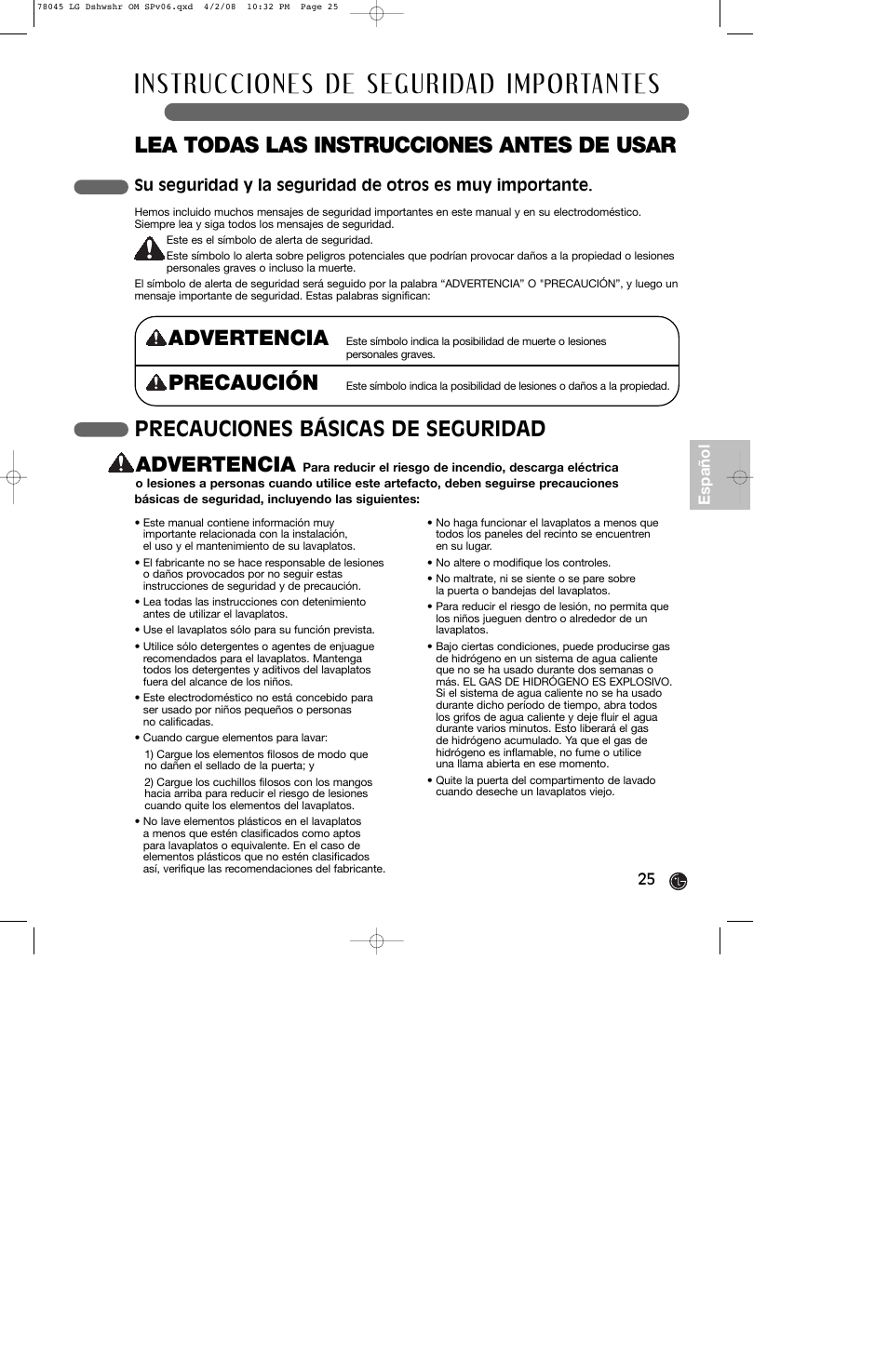 Lea todas las instrucciones antes de usar, Advertencia, Precauciones básicas de seguridad | Precaución | LG LDF6920ST User Manual | Page 25 / 48