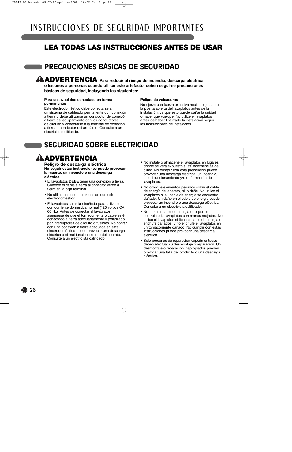 Lea todas las instrucciones antes de usar, Precauciones básicas de seguridad advertencia, Seguridad sobre electricidad advertencia | LG LDF6920ST User Manual | Page 26 / 48