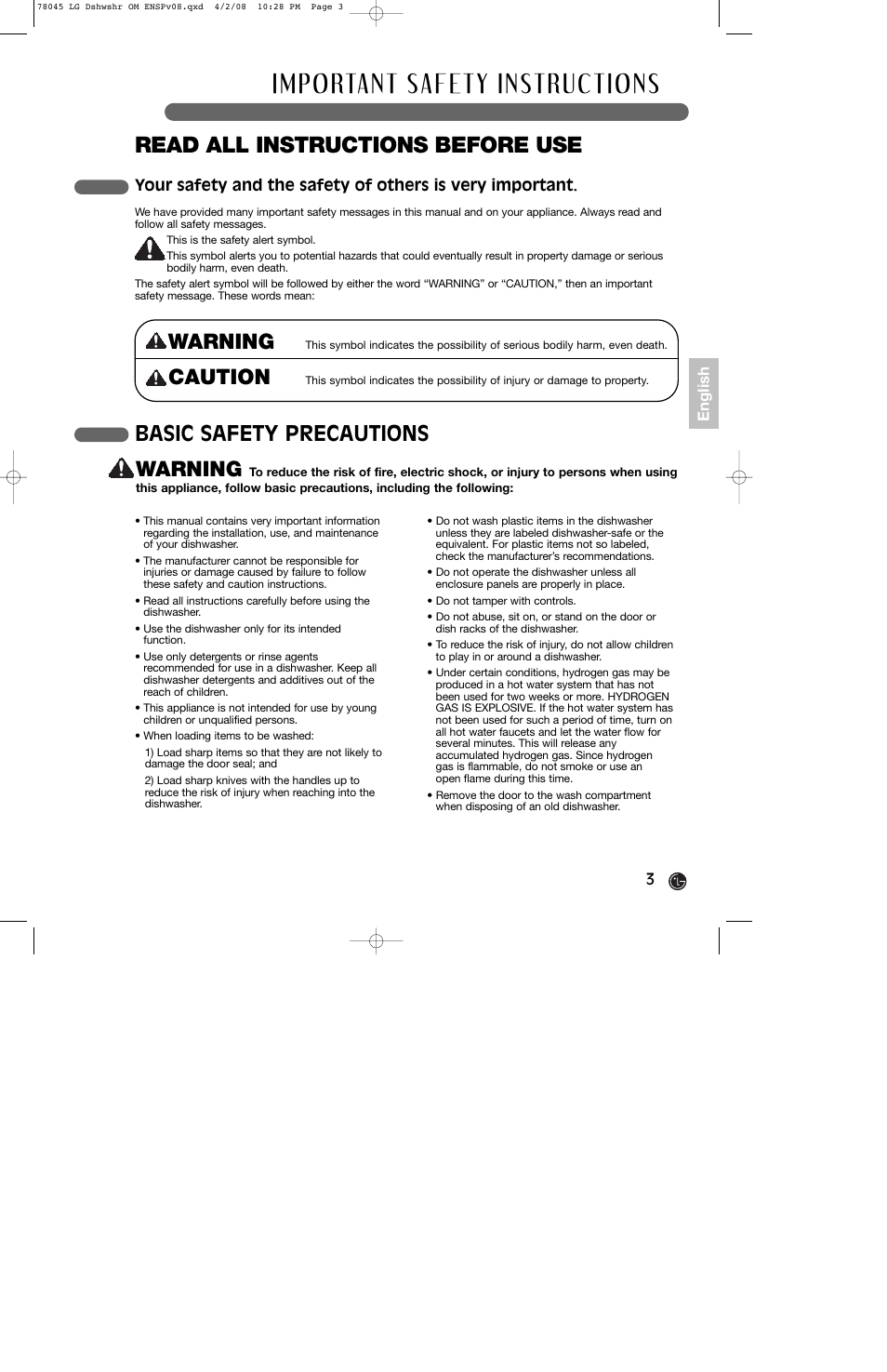 Read all instructions before use, Warning, Basic safety precautions warning | Caution | LG LDF6920ST User Manual | Page 3 / 48