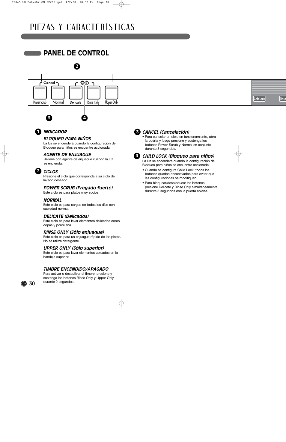 Panel de control | LG LDF6920ST User Manual | Page 30 / 48