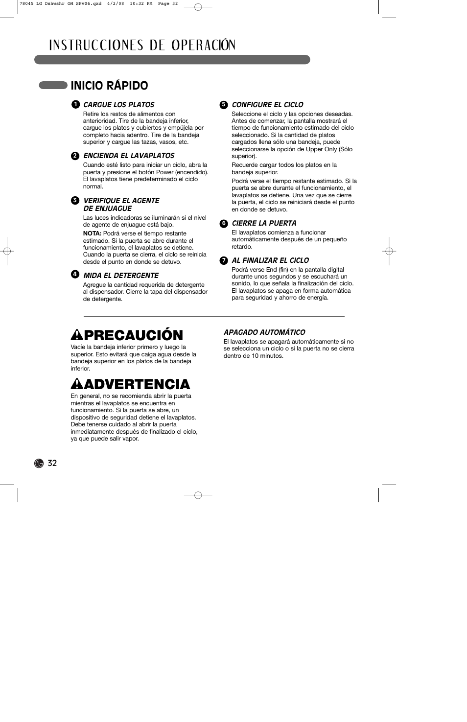 W precaución, W advertencia, Inicio rápido | LG LDF6920ST User Manual | Page 32 / 48