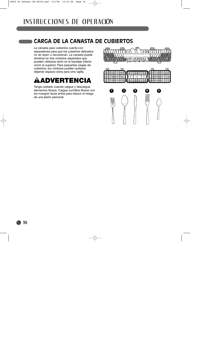 W advertencia, Carga de la canasta de cubiertos | LG LDF6920ST User Manual | Page 36 / 48