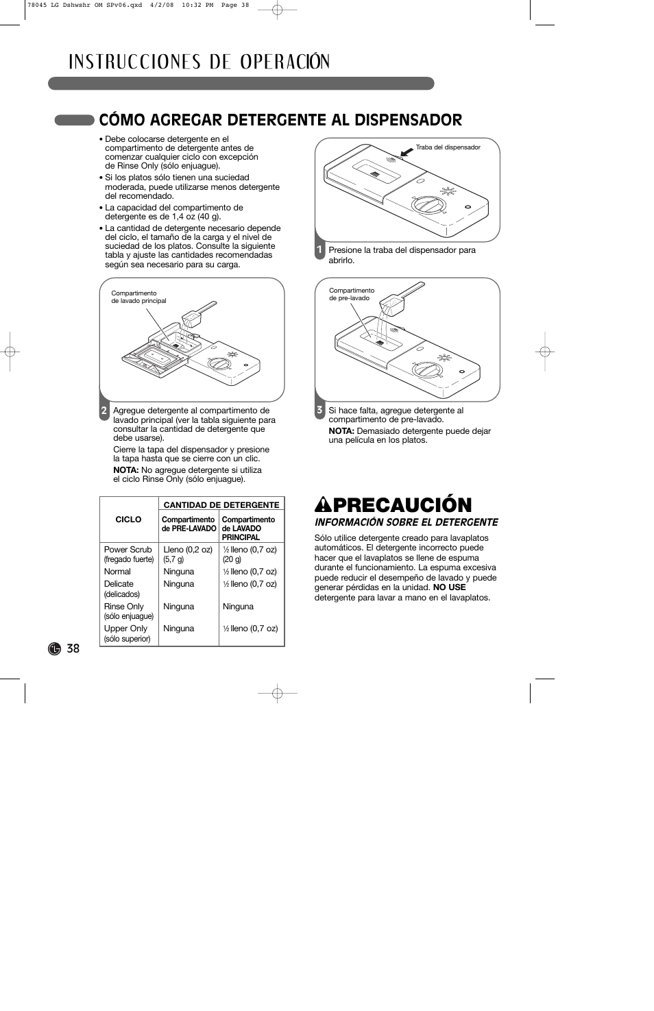 W precaución, Cómo agregar detergente al dispensador | LG LDF6920ST User Manual | Page 38 / 48