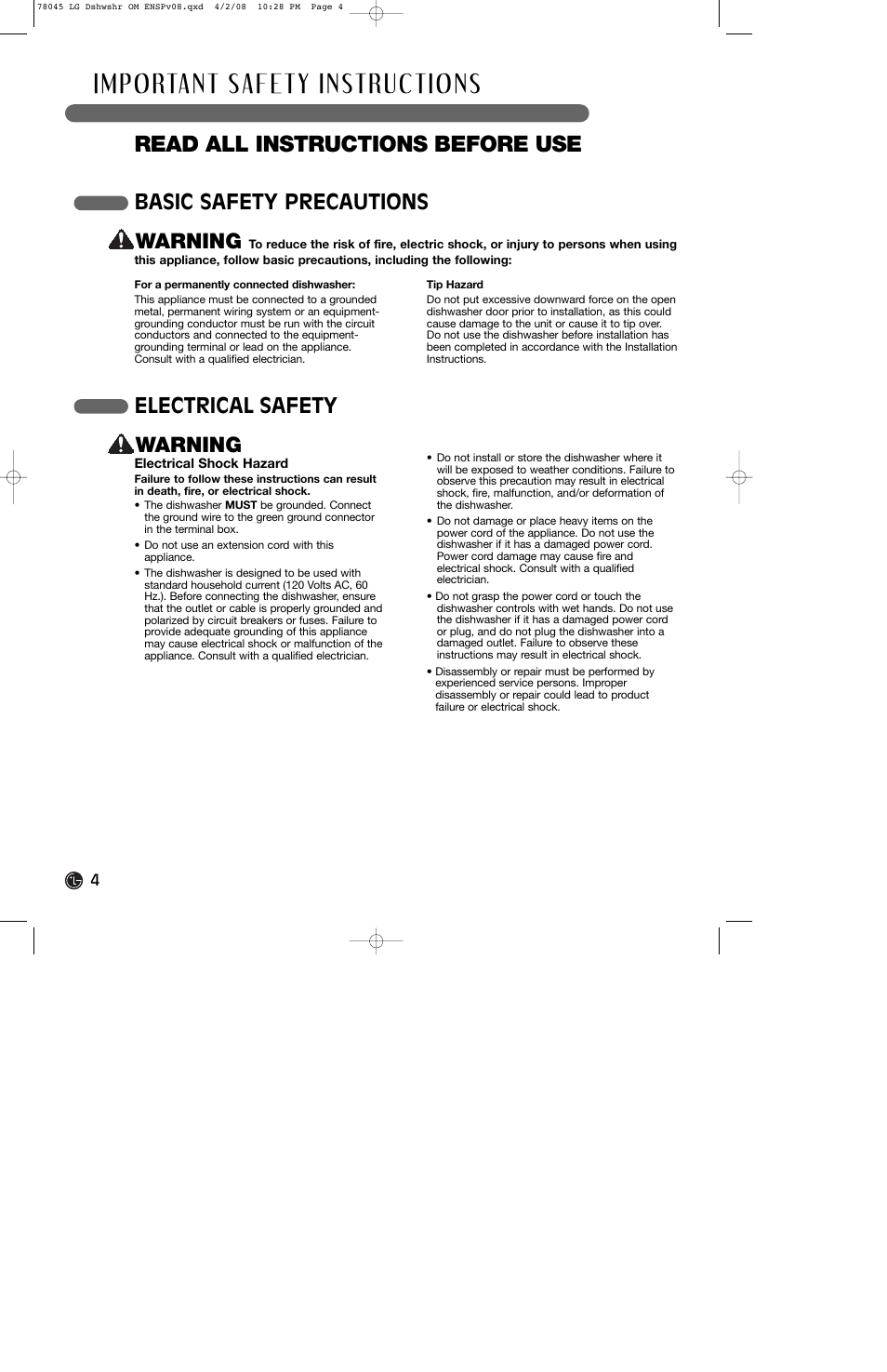 Read all instructions before use, Basic safety precautions warning, Electrical safety warning | LG LDF6920ST User Manual | Page 4 / 48