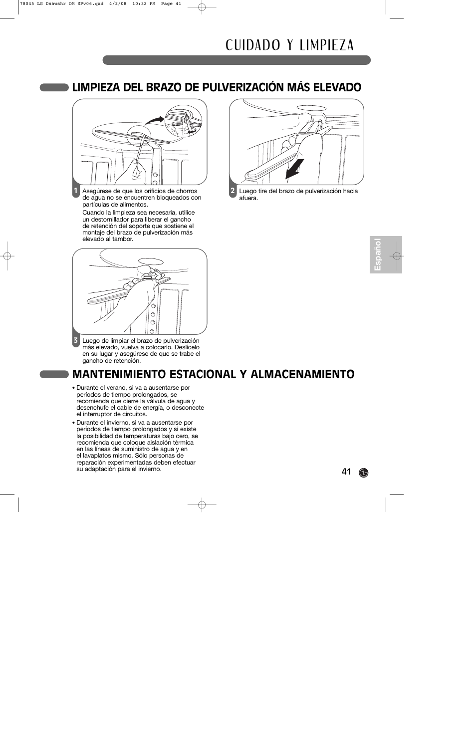 Mantenimiento estacional y almacenamiento, Limpieza del brazo de pulverización más elevado | LG LDF6920ST User Manual | Page 41 / 48