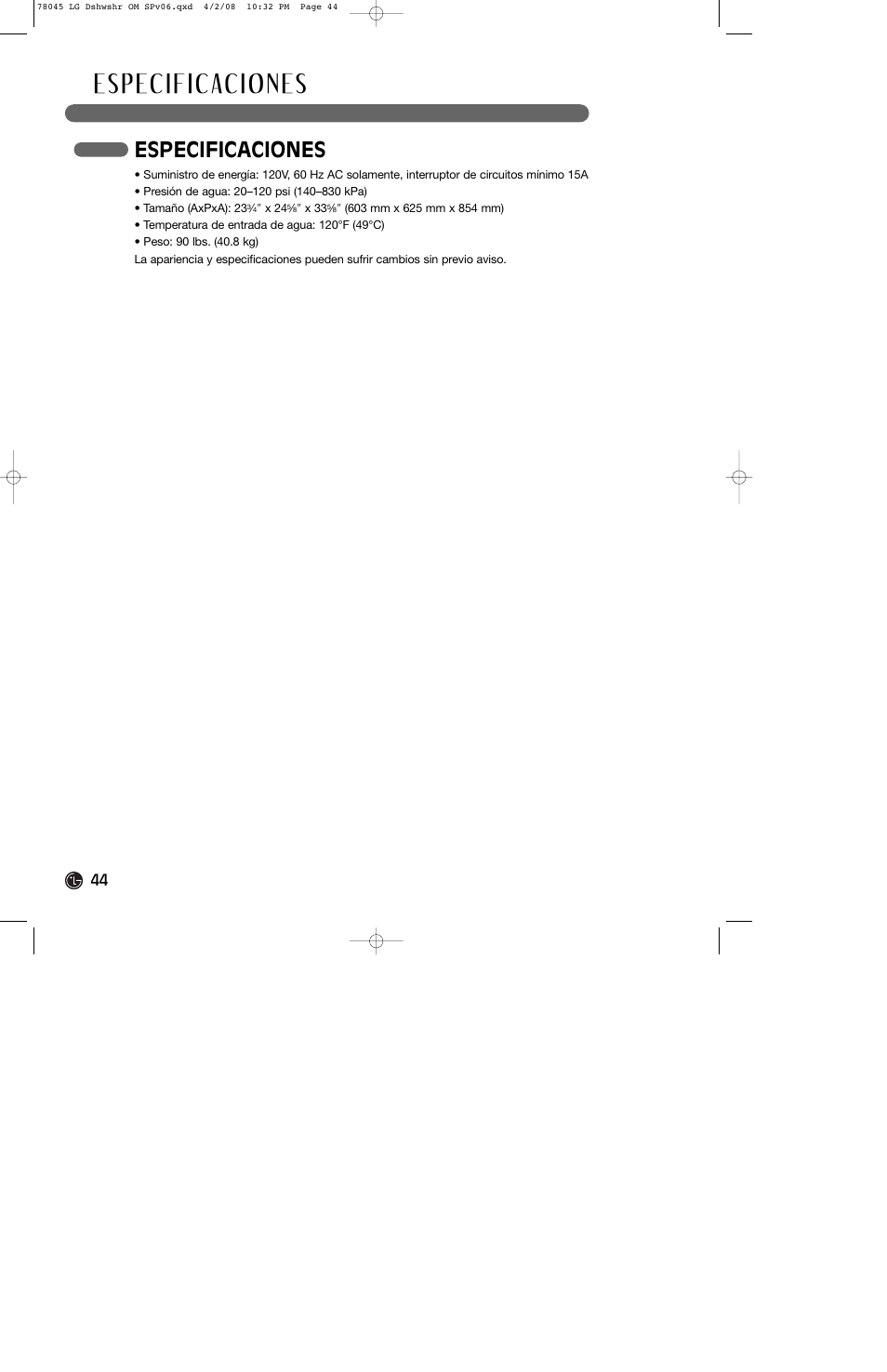 Especificaciones | LG LDF6920ST User Manual | Page 44 / 48