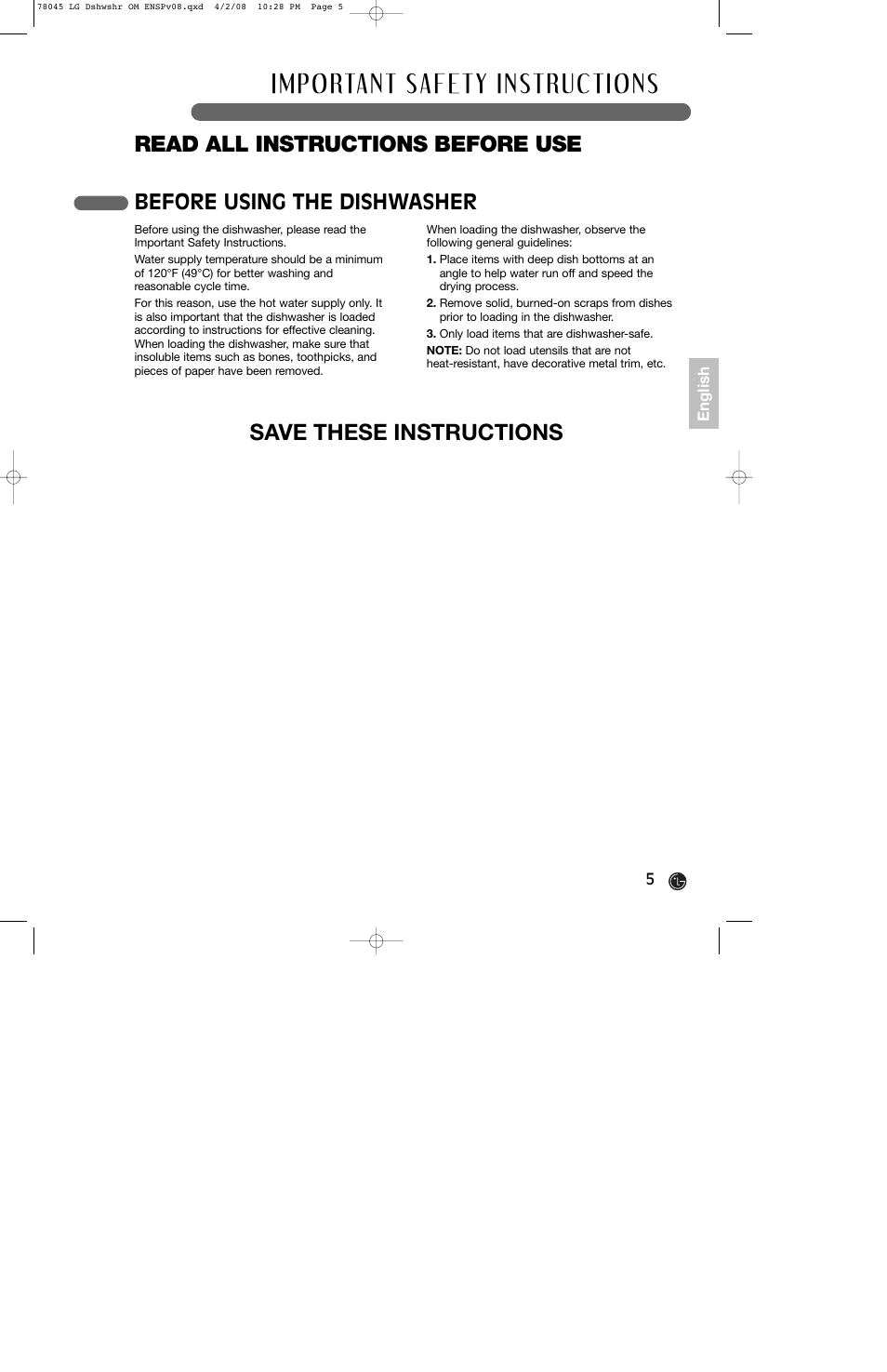 Before using the dishwasher | LG LDF6920ST User Manual | Page 5 / 48