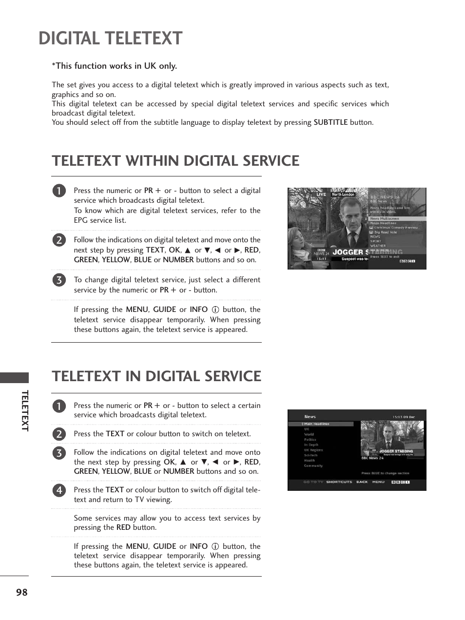 Digital teletext, Teletext within digital service, Teletext in digital service | LG 26LC5 User Manual | Page 100 / 120