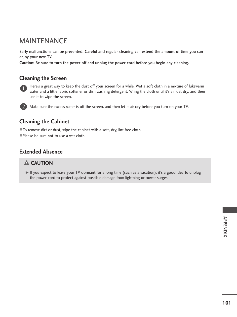 Maintenance, Cleaning the screen, Cleaning the cabinet | Extended absence | LG 26LC5 User Manual | Page 103 / 120