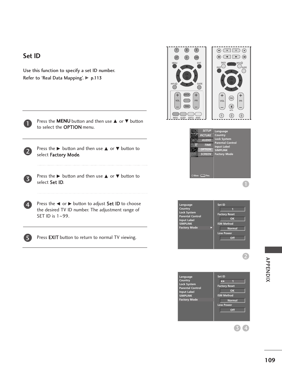Set id, Appendix 3 4, Press the m me en nu u button and then use | Button and then use, Button to select s seett iid d. press the | LG 26LC5 User Manual | Page 111 / 120