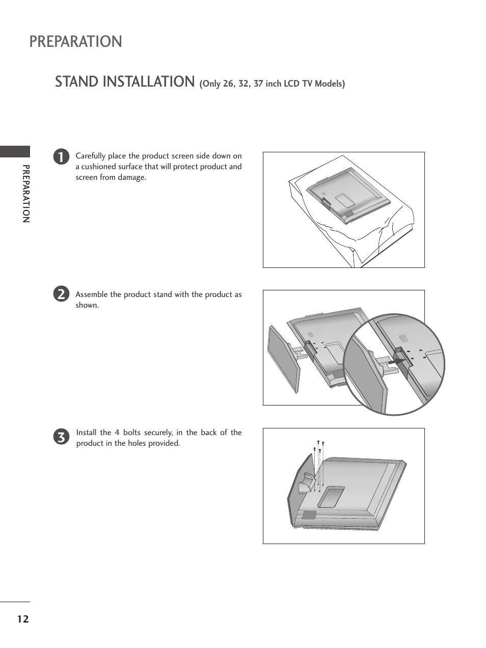 Stand installation, Preparation | LG 26LC5 User Manual | Page 14 / 120