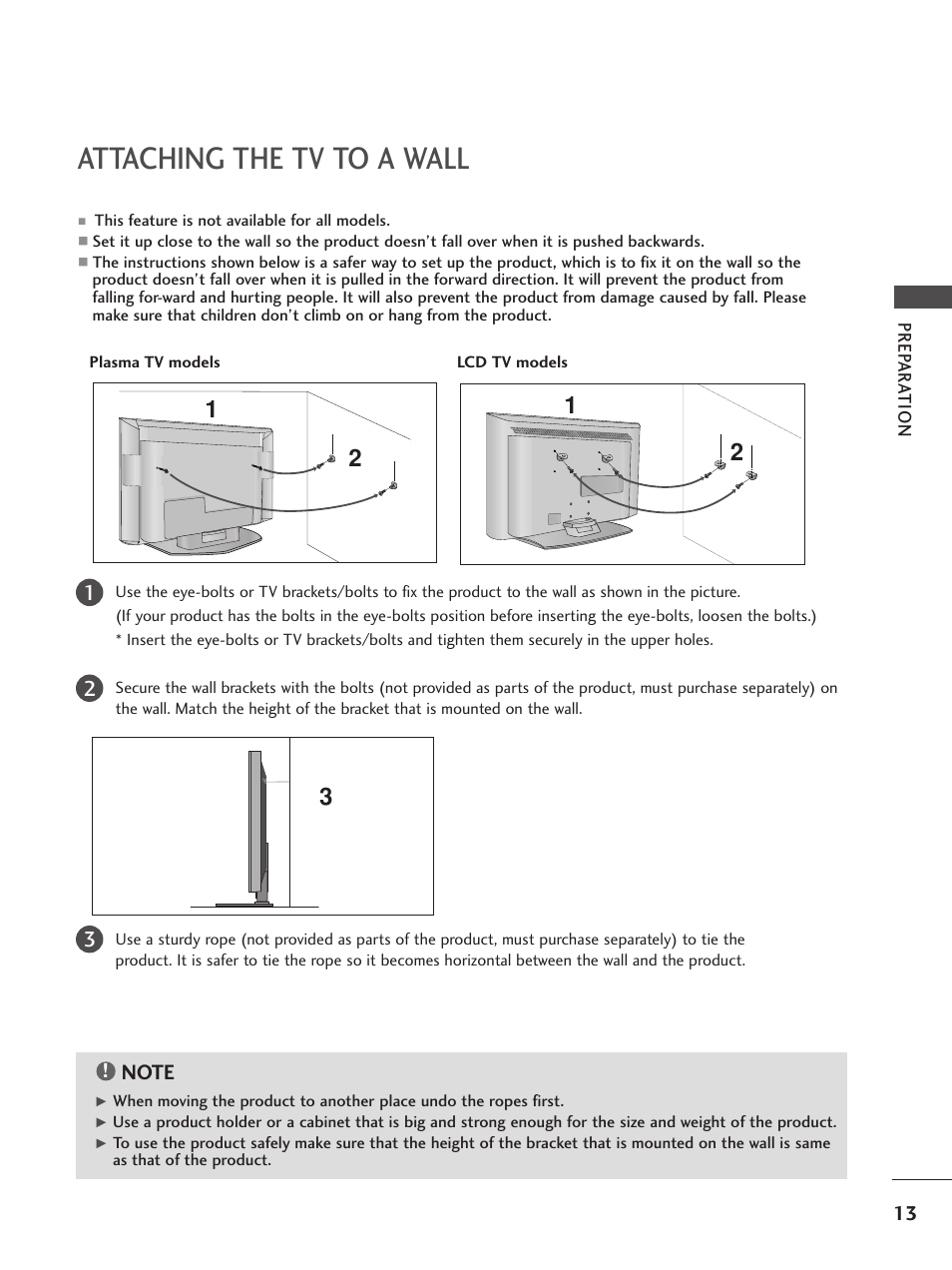 Attaching the tv to a wall | LG 26LC5 User Manual | Page 15 / 120