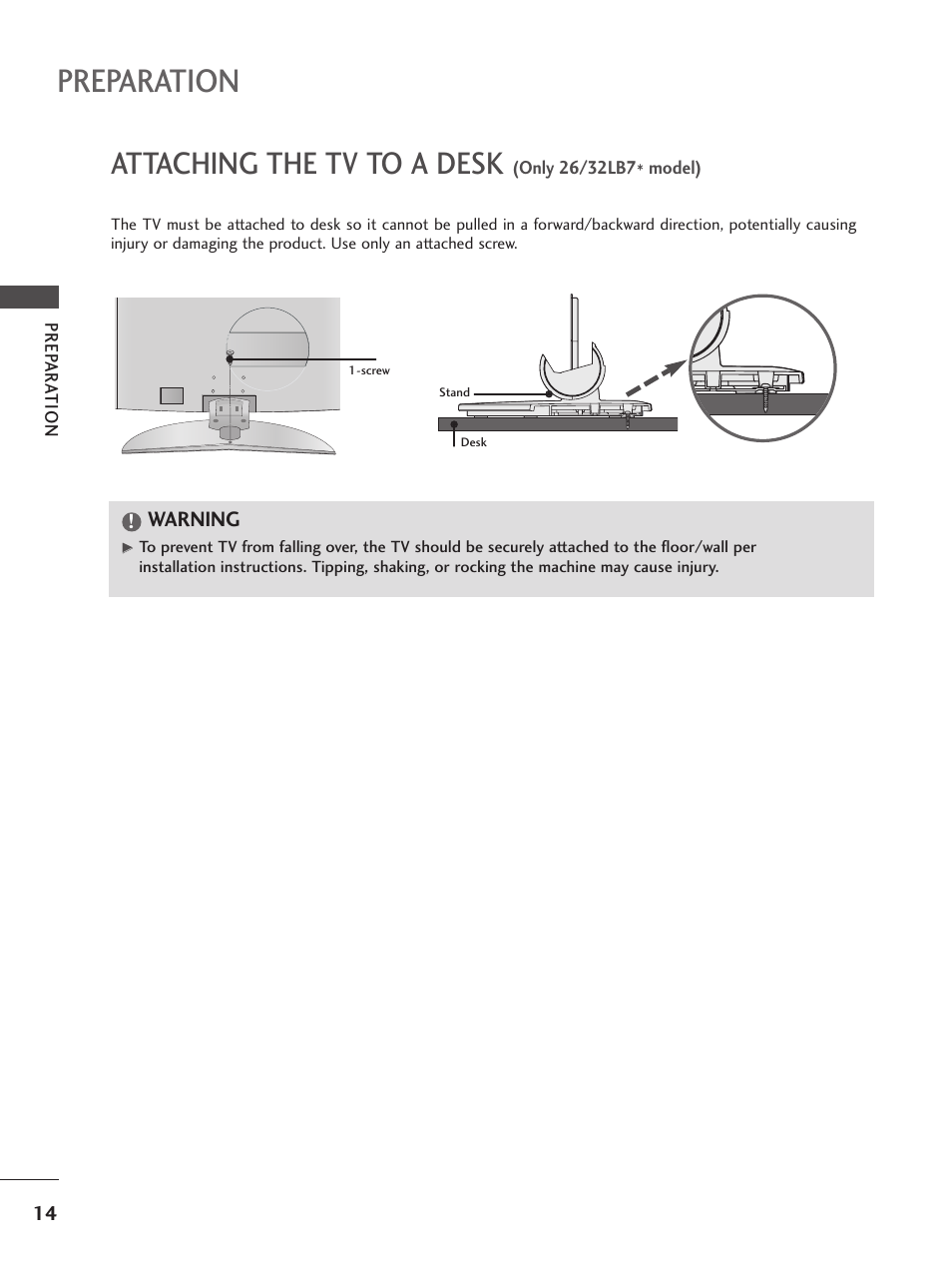 Attaching the tv to a desk, Preparation | LG 26LC5 User Manual | Page 16 / 120