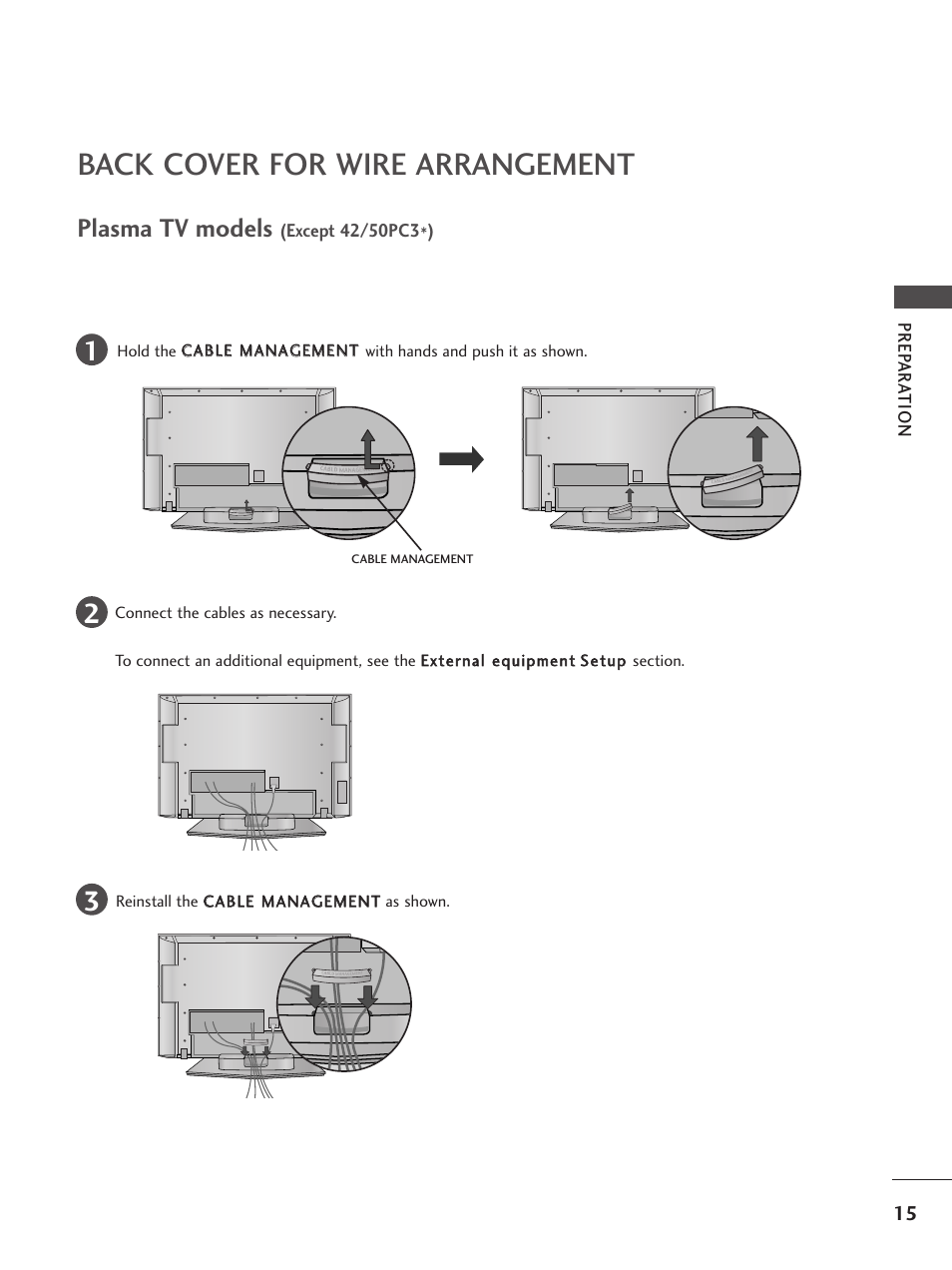 Back cover for wire arrangement, Plasma tv models | LG 26LC5 User Manual | Page 17 / 120