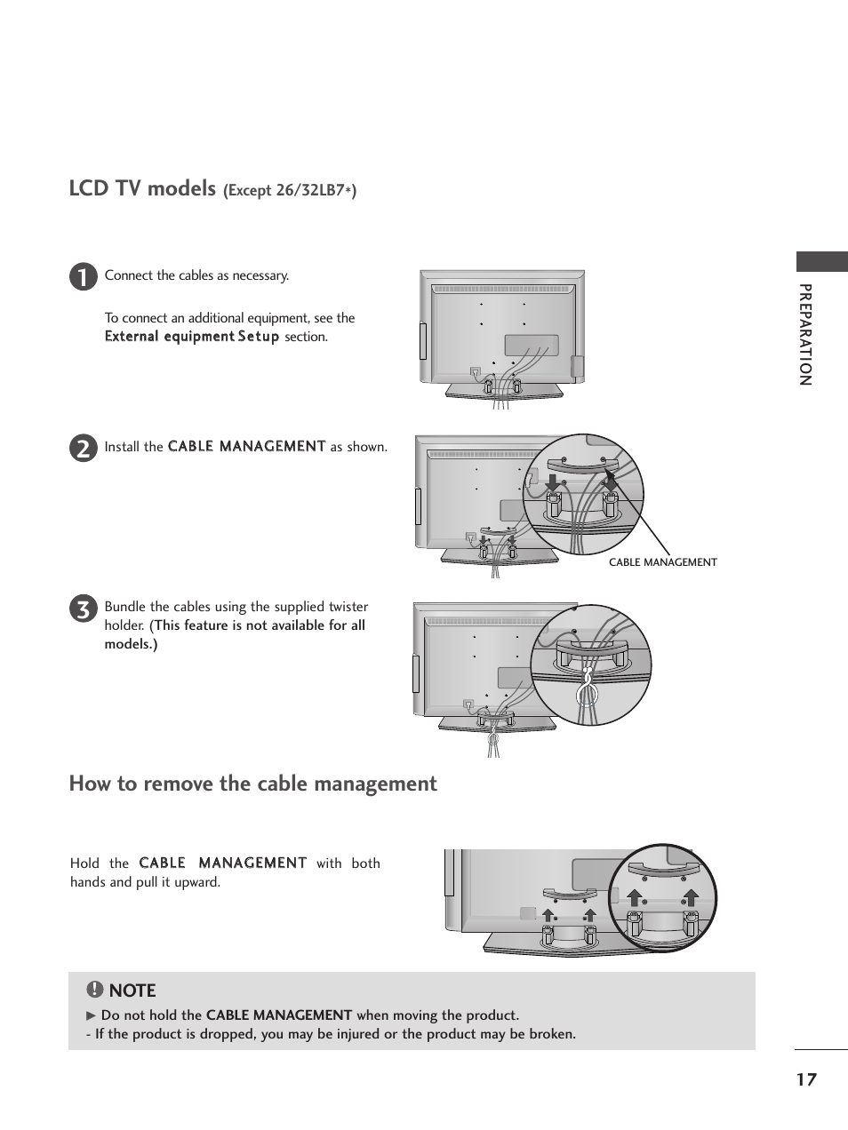 Lcd tv models, How to remove the cable management | LG 26LC5 User Manual | Page 19 / 120