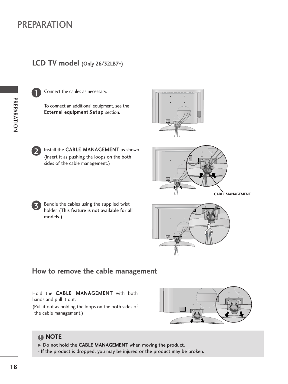 Preparation, Lcd tv model, How to remove the cable management | LG 26LC5 User Manual | Page 20 / 120