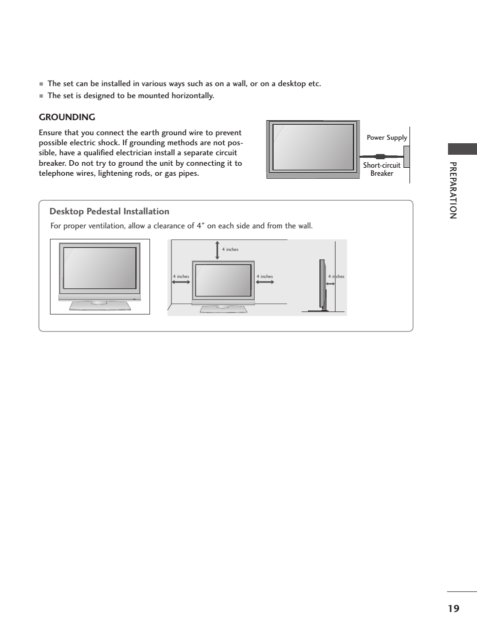 Desktop pedestal installation, Prep ar a tion desktop pedestal installation, Grounding | LG 26LC5 User Manual | Page 21 / 120