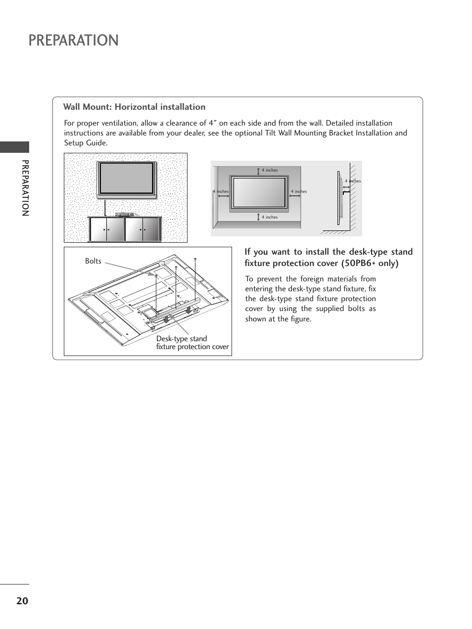 Wall mount: horizontal installation, Preparation | LG 26LC5 User Manual | Page 22 / 120
