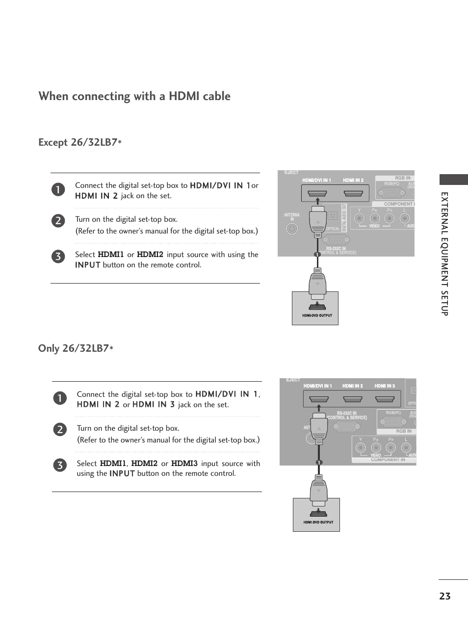 When connecting with a hdmi cable, External eq uipment setup | LG 26LC5 User Manual | Page 25 / 120