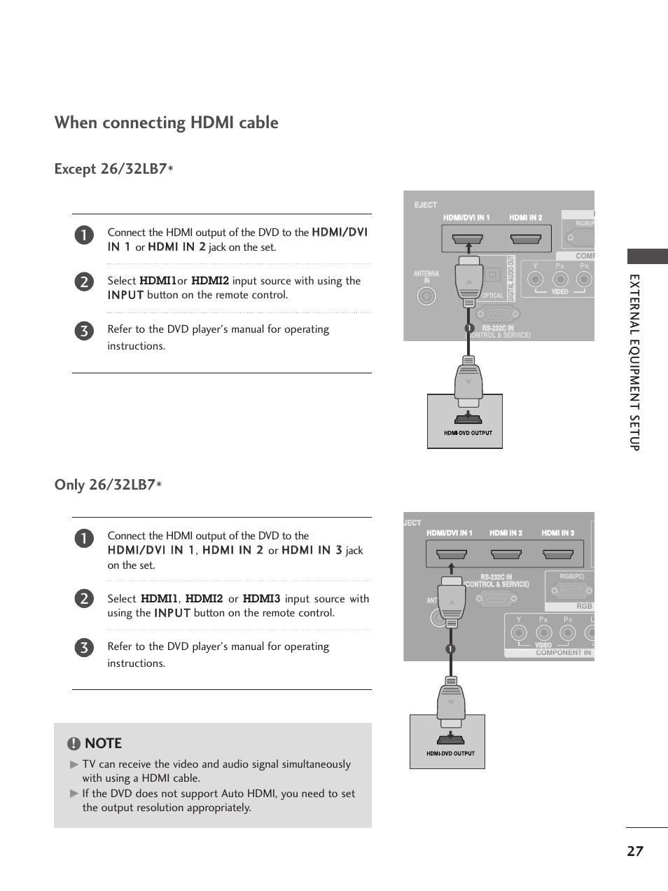 When connecting hdmi cable, External eq uipment setup | LG 26LC5 User Manual | Page 29 / 120