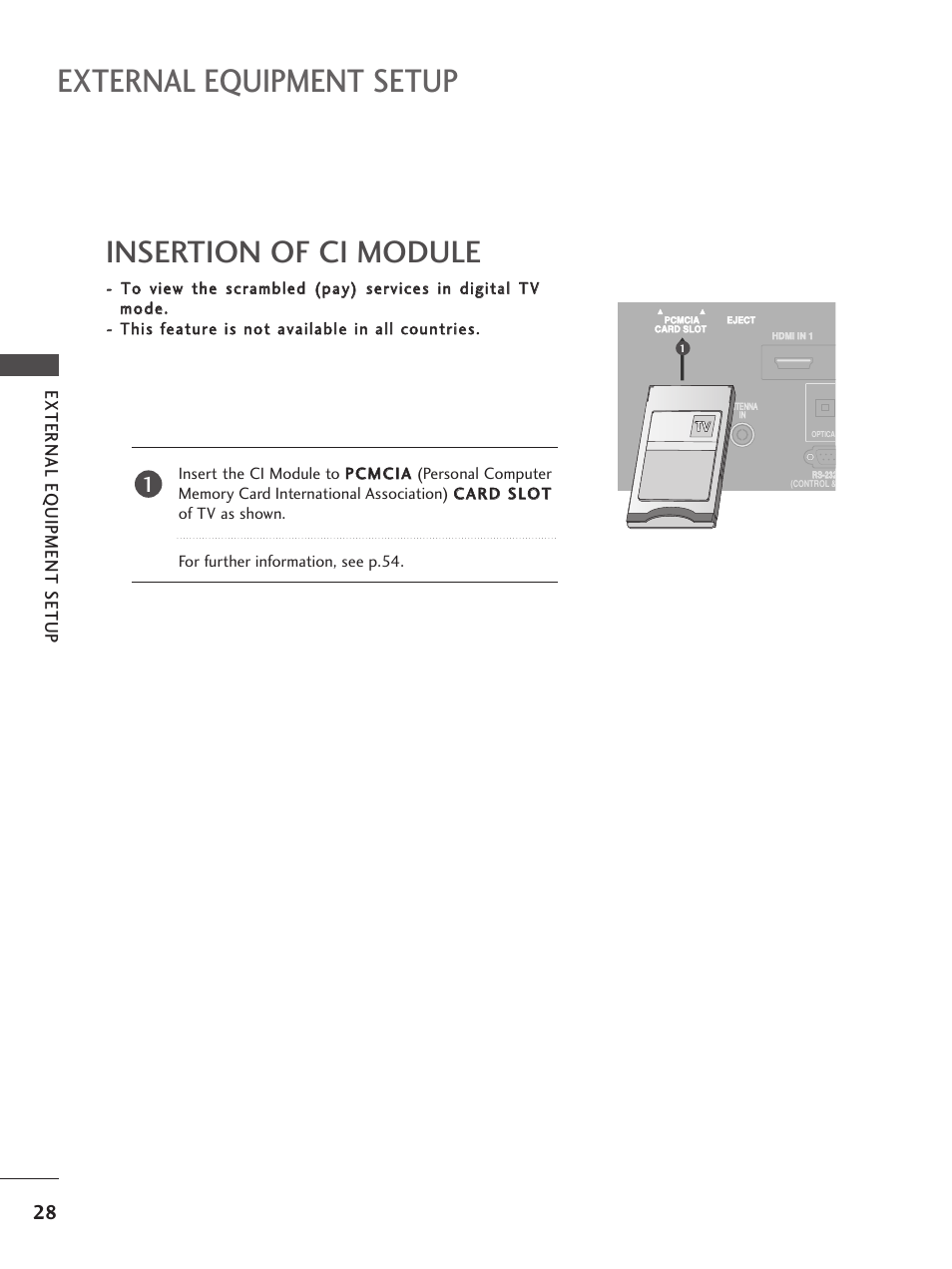 Insertion of ci module, External equipment setup, External eq uipment setup | LG 26LC5 User Manual | Page 30 / 120