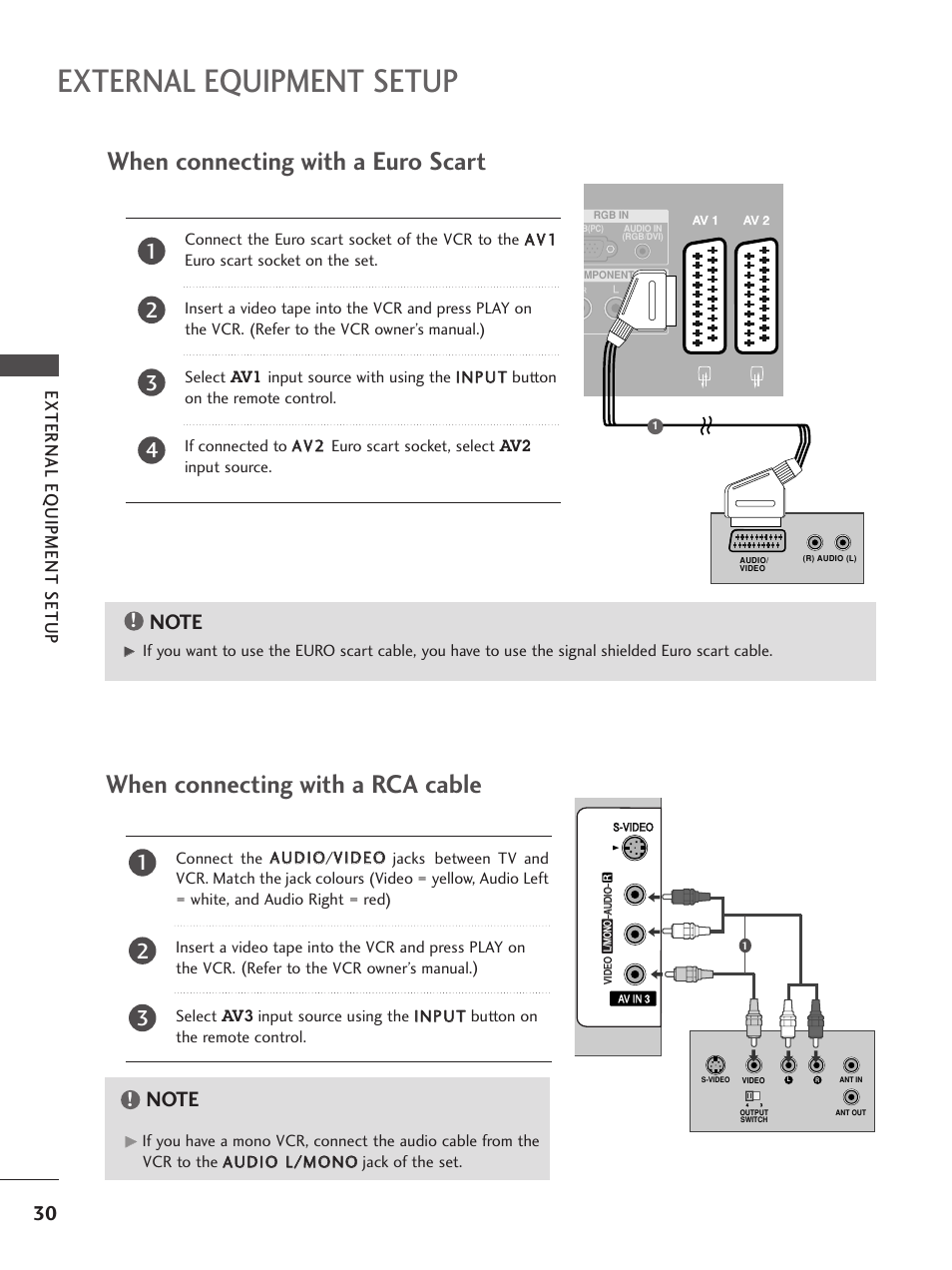 External equipment setup, When connecting with a euro scart, When connecting with a rca cable | External eq uipment setup | LG 26LC5 User Manual | Page 32 / 120